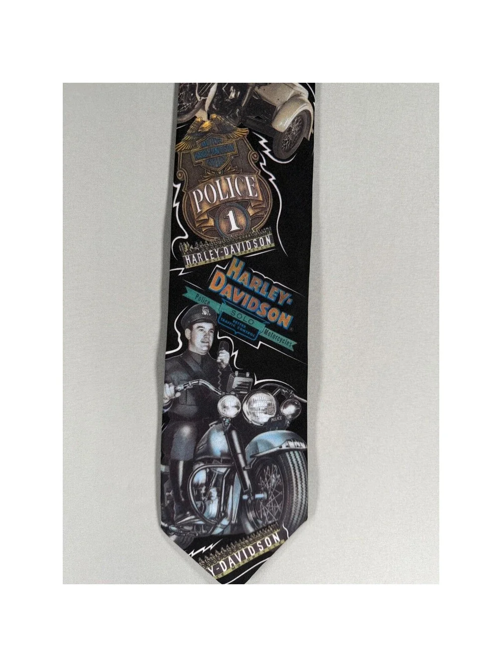 Vintage 1994 Ralph Marlin Harley Davidson Police Motorcycle Men Black Silk Tie